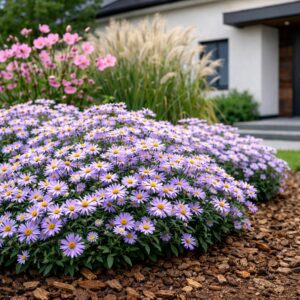 Az Aster cordifolius Little Carlow - Őszirózsa modern ágyásban.
