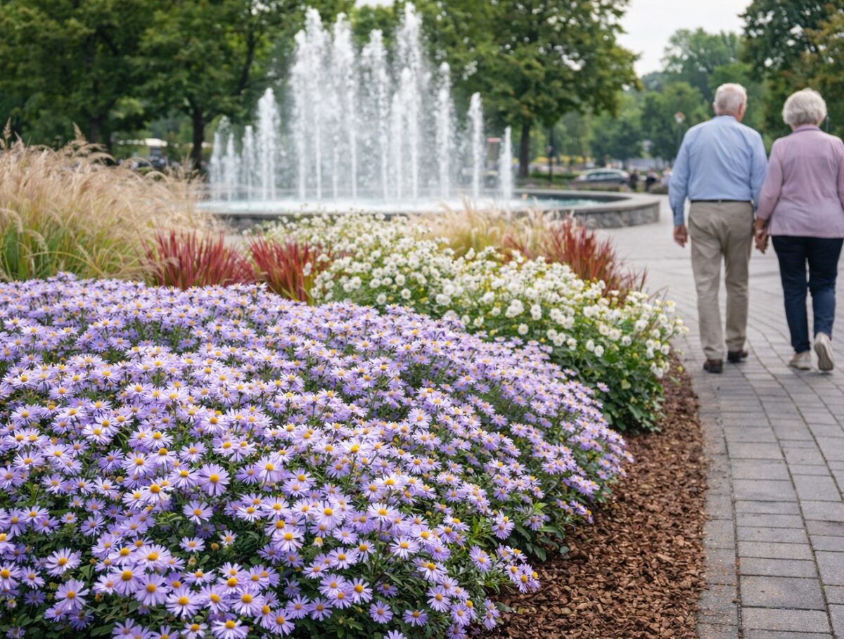 Az Aster cordifolius Little Carlow őszirózsa közterületen.