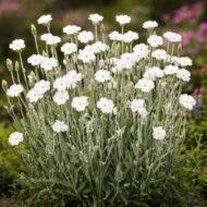 Lychnis coronaria alba , fehér bársonyos kakukkszegfű beültetve ágyásba