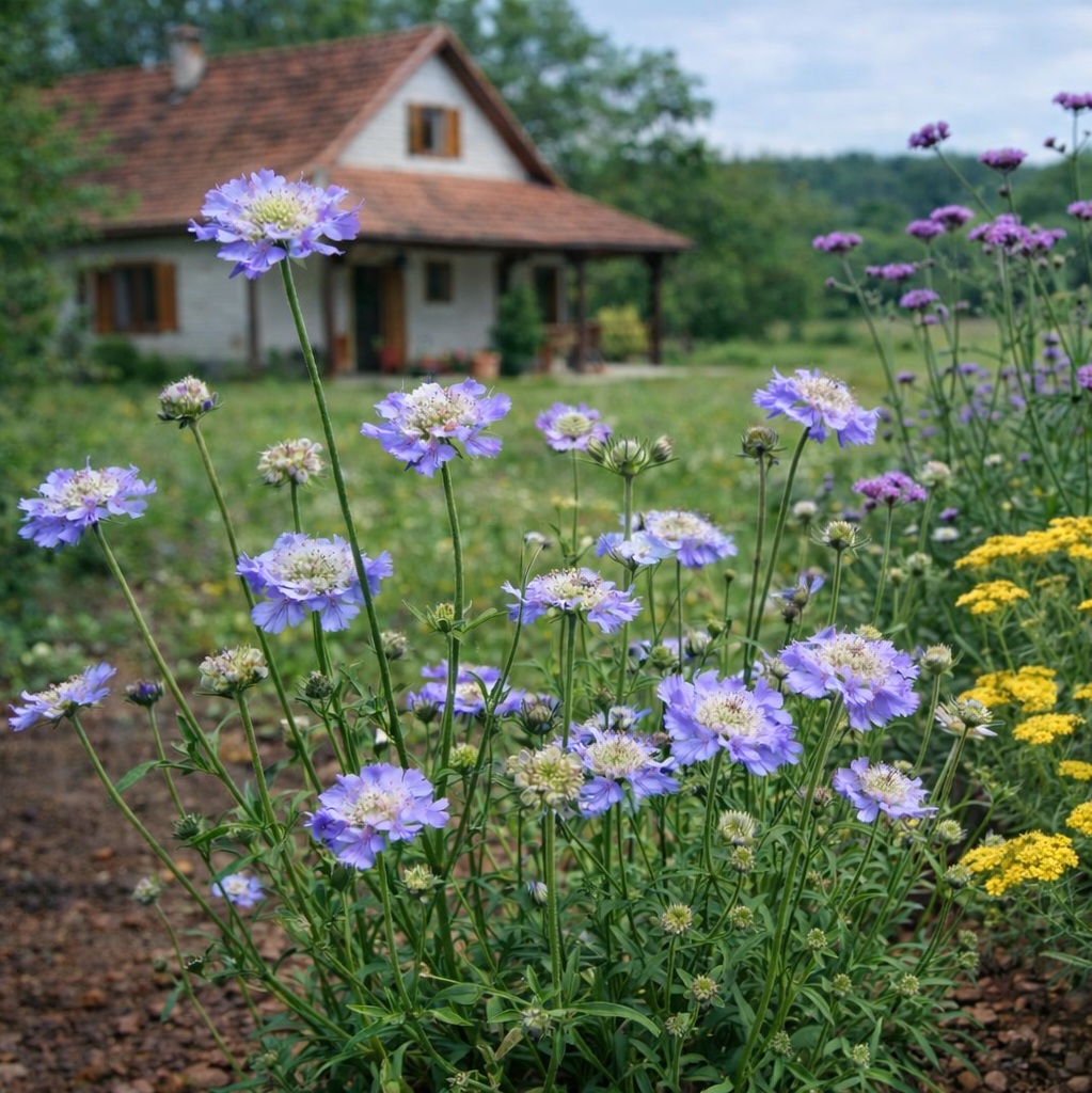 Scabiosa columbaria Blue - Galambszínű ördögszem A Scabiosa columbaria Blue (galambszínű ördögszem) vidéki környezetben, teljes virágzásban.