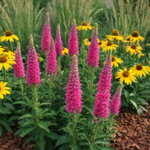 A Veronica spicata First Love macskafarkú veronika vegyes virágágyásban.