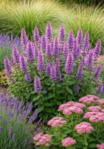 Az Agastache levendula, varjúháj társaságában.