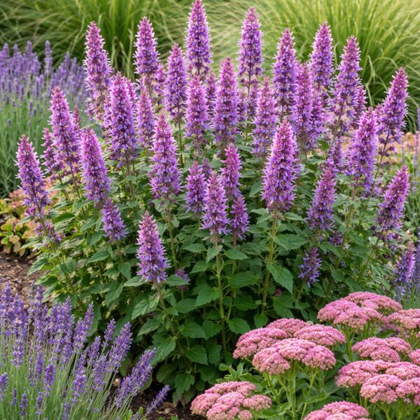 Az Agastache levendula, varjúháj társaságában.