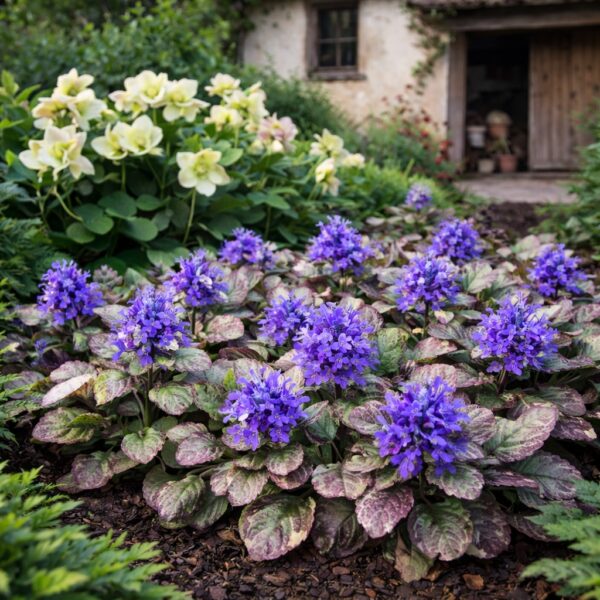 Árnyékos virágágyás Ajuga reptans-szal és hunyorokkal egy régies kertben