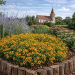 A Coreopsis Li'l Bang Daybreak (alacsony menyecskeszem) virágágyásba ültetve sudárzsályával, varjúhájjal. Háttérben templom.