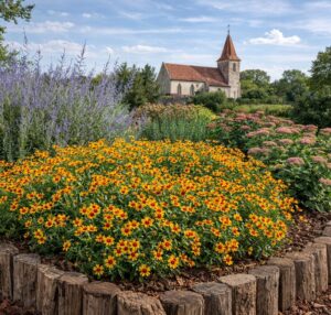 A Coreopsis Li'l Bang Daybreak (alacsony menyecskeszem) virágágyásba ültetve sudárzsályával, varjúhájjal. Háttérben templom.