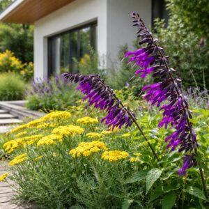 A Salvia Amistad K2 azaz az Indigólila zsálya összeültetve cickafarkokkal .