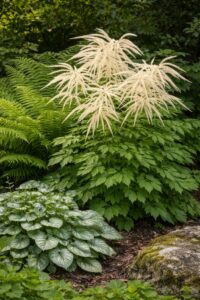 Az Aruncus dioicus, vagyis erdei tündérfürt árnyékos beültetésben.