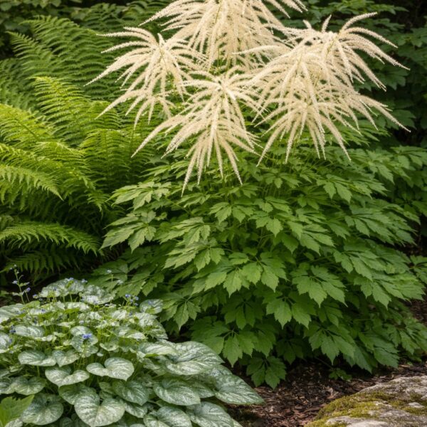 Az Aruncus dioicus, vagyis erdei tündérfürt árnyékos beültetésben.