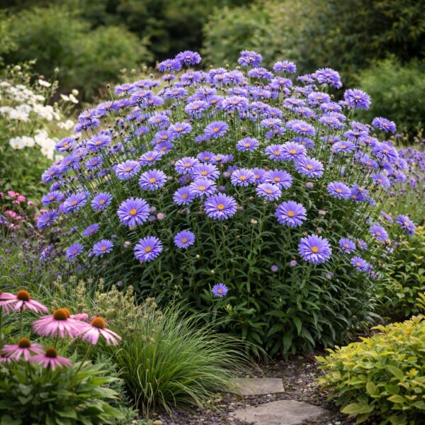 Az aster novi, belgii marie ballard azaz az évelő őszirózsa ágyásba beültetve