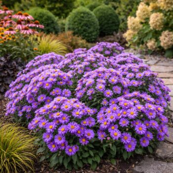 Az aster dumosus azaz a lila törpe őszirózsa látható a képen különböző évelőkkel