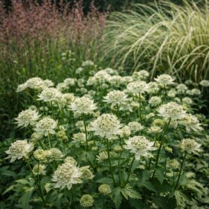 Az Astrantia major fehér völgycsillag természetes kiültetésben, háttérben díszvűvel.