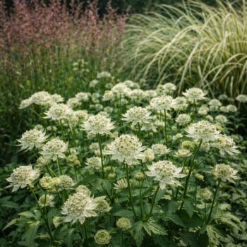 Az Astrantia major fehér völgycsillag természetes kiültetésben, háttérben díszvűvel.
