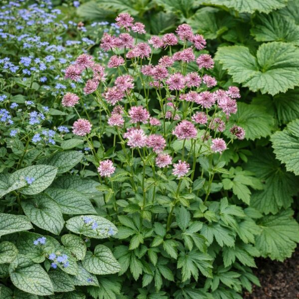 Az Astrantia major Roma (rózsaszín völgycsillag) vegyes beültetésben Brunnerával, pajzslevélel.