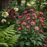 Az Astrantia major Star of Love rózsaszín völgycsillag árnyékos kiültetésben.