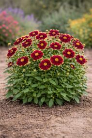 A Coreopsis Little Bang Red Elf virágzásban, kertbe kiültetve.