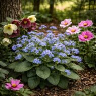 A Brunnera macrophylla, kaukázusi nefelejcs hunyorokkal, szellőrózsával összeültetve.