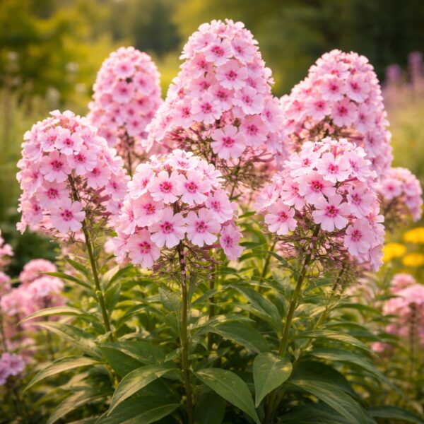 A phlox paniculata bright eyes azaz a bugás lángvirág természetes napfényben is pompázik