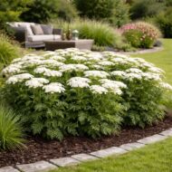 Bokros hófehér cickafark Achillea millefolium modern kerti ágyásban