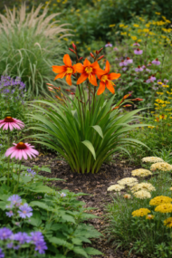 A kerti sáfrányfű (Crocosmia) vegyes virágágyásba ültetve.