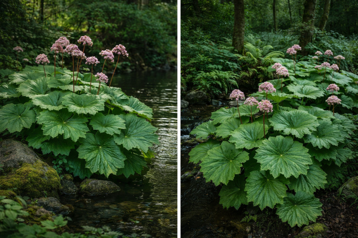 Erdei környezetbe ültetett Darmera peltata.