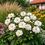 A dupla fehér szellőrózsa vidéki kertben.