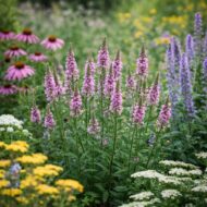 A Verbena hastata Rosea teljes virágzásban, évelők mellett.
