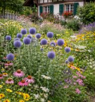 Az Echinops (kék szamárkenyér) vidéki stílusú kertben.