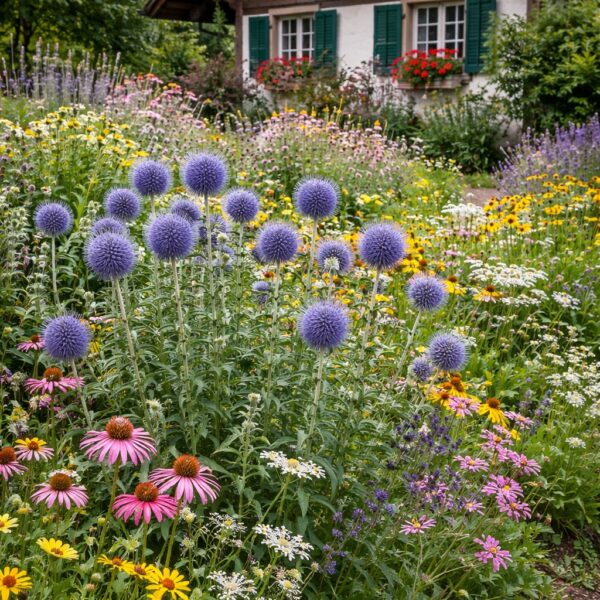 Az Echinops (kék szamárkenyér) vidéki stílusú kertben.