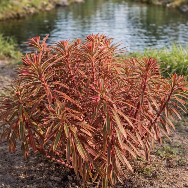 Az euphorbia martinii ascot rainbow azaz a tarka kutyatej bokros állapota látható a képen .