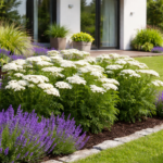 Hófehér virágú cickafark Achillea millefolium levendulával a modern kertben