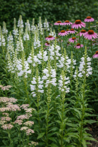 A Physostegia virginiana Crystal Peak White, fehér füzérajak vegyes ágyásban.