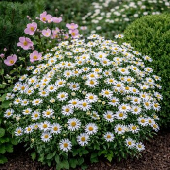 Az Aster ageratoides Starshine (fehér őszirózsa) teljes virágzásban.
