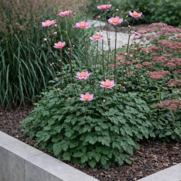 A féltelt rózsaszín őszirózsa modern ágyás beültetésben.