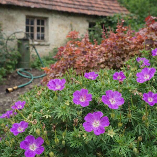 Geranium sanguineum bordó levelű gólyaorr tűzesőkkel, rusztikus kertben.