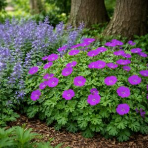 A Geranium sanguineum Tiny Monster lila virágszínű gólyaorr félárnyékos beültetésben, macskamentával.
