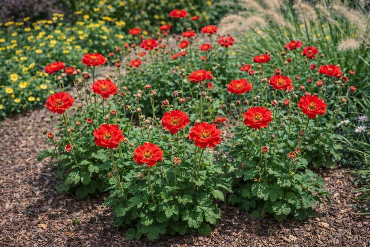 A Geum sp. csoportos ágyás beültetésben, piros virágokkal.
