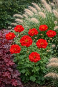 A Geum sp. piros virágai teljes virágzásban, bordó levelű tűzesővel.