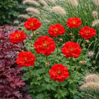 A Geum sp. piros virágai teljes virágzásban, bordó levelű tűzesővel.