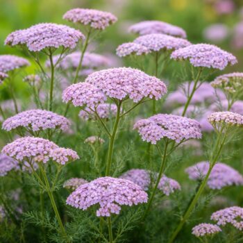 Az achillea millefolium liliac beauty , halványlila cickafark virágzása a képen