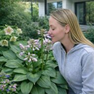 Hosta ‘Devon Green’ , árnyékliliom egy modern kert csendes, árnyékos zugában