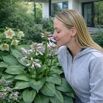 Hosta ‘Devon Green’ , árnyékliliom egy modern kert csendes, árnyékos zugában