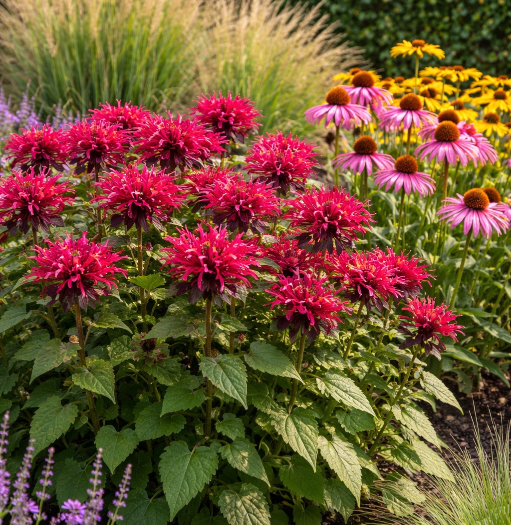 karminpiros_mehbalzsam A kárminpiros méhbalzsam a napos helyre való, méh- és beporzóbarát növények közé tartozik.