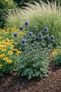 A kék iringó (Eryngium) vegyes évelő ágyásban.