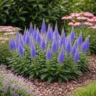 Kék macskafarkú veronika virágzása virágágyásban.