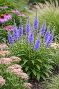 A kék macskafarkú veronika (Veronica sp.) vegyes virágágyi beültetésben illusztrálva.