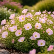 Teljes virágzásban a rózsaszín ligetszépe halvány rózsaszín virágokkal.