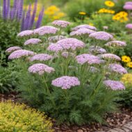 Achillea millefolium,lilac beauty,halványlila cickafark ágyásba ültetve különböző évelőkkel