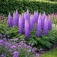 A Lupinus x hybrida liláskék virágai teljes nyílásban.