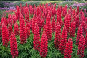 A Lupinus x hybrida piros csillagfürt teljes virágzásban.